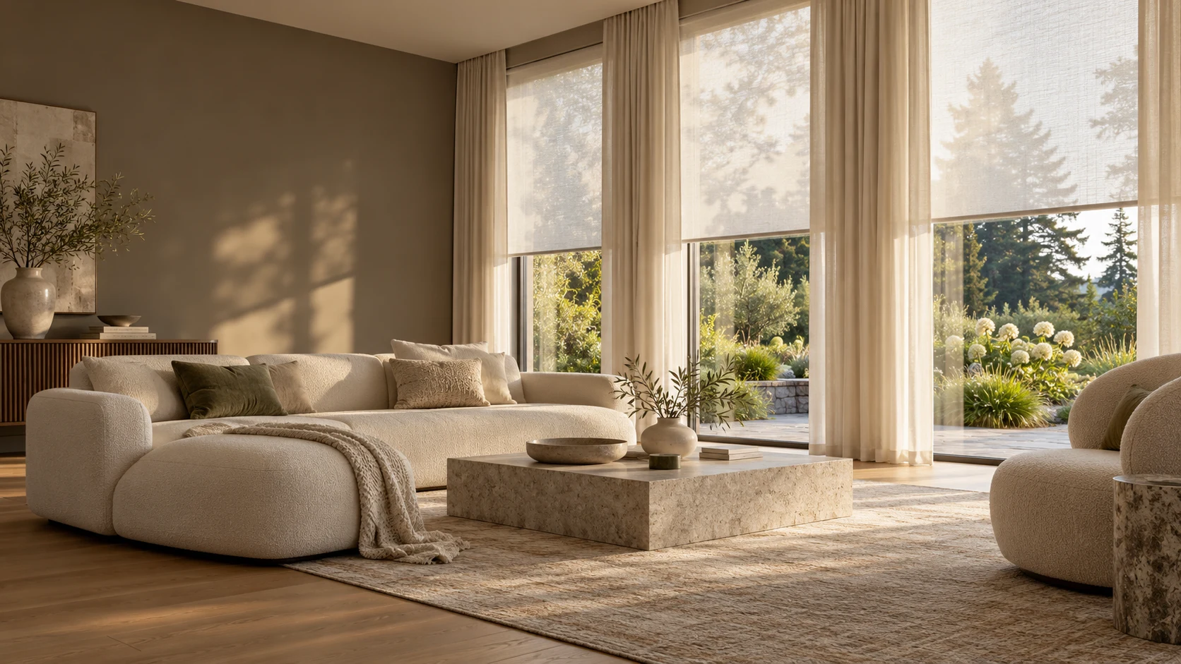 Interior design concept with ivory drapery, roller shades and a garden view