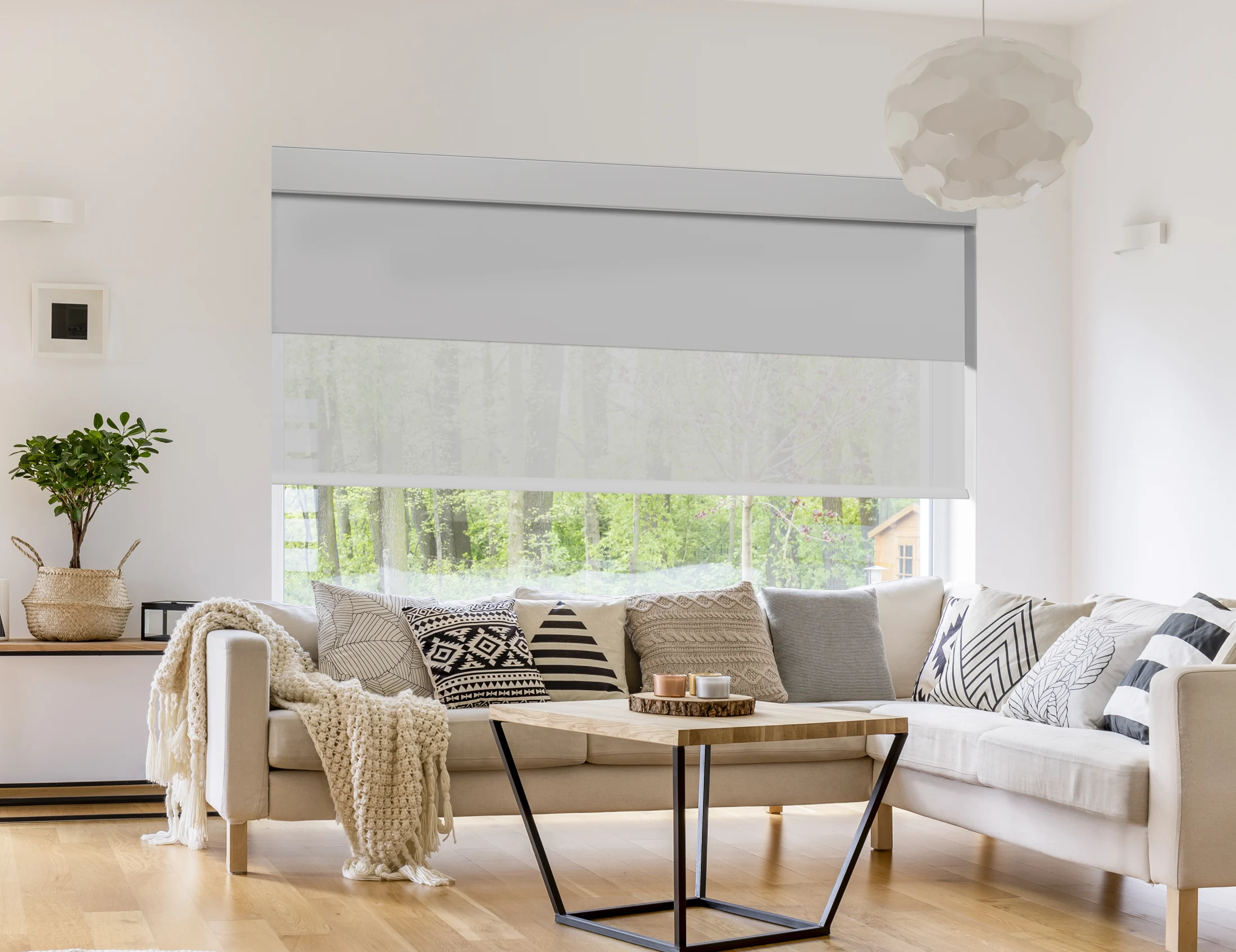 Separate opaque and screen roller fabrics lowered to different heights above a sofa in a bright living room